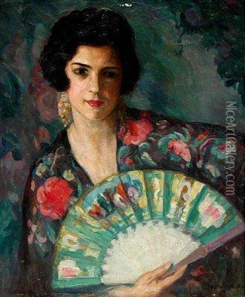 Mujer Con Manton Y Abanico Oil Painting - Joan Cardona