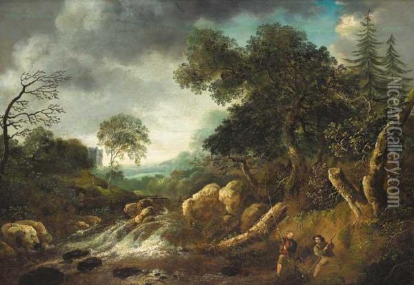 Landscape And River Scene With Eel Fishers Oil Painting - William II Sadler