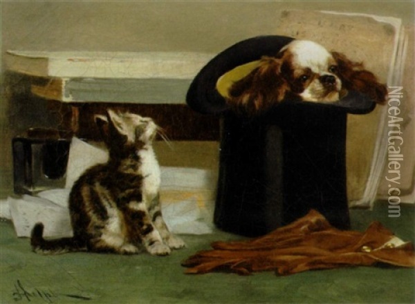 Painting Of A Cat Looking At A Dog Hiding In A Top Hat Oil Painting - John Henry Dolph