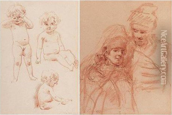 A Pair Of Sanguine Studies 
Depicting A Boyarina And Companion And Three Images Of A Naked Baby Girl Oil Painting - Konstantin Egorovich Egorovich Makovsky