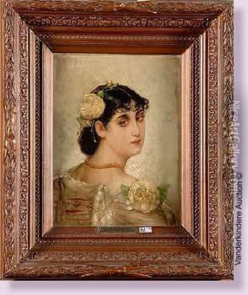 Portrait D'une Elegante Aux Roses Blanches Oil Painting - Leon Herbo