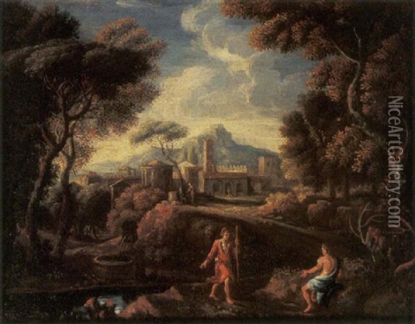 An Italianate Landscape With Shepherds By A Fountain, A Town And Mountains Beyond Oil Painting - Jan Frans van Bloemen