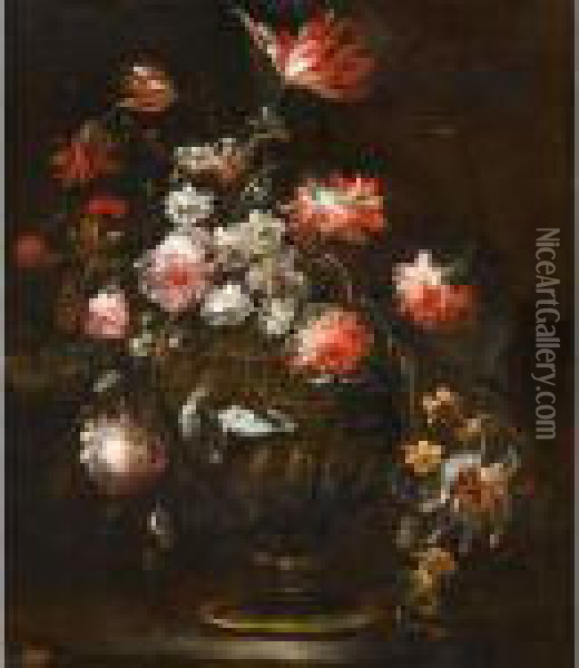 Still Life With Roses, Tulips And Various Other Flowers In A Bronze Vase Oil Painting - Margherita Caffi