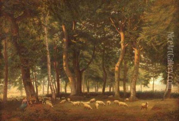 With Sheep In Attendance Oil Painting - Henry George Barwell