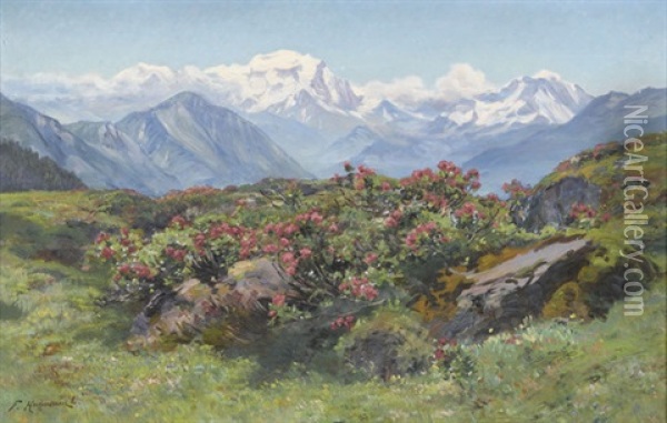 Sommerliche Alp Mit Blick Auf Den Mont-blanc Oil Painting - Fritz Huguenin