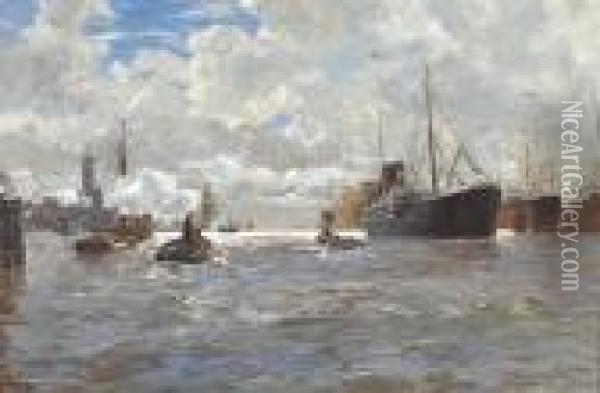 Shipping In Hamburg Harbor Oil Painting - Erwin Carl Wilhelm Gunther