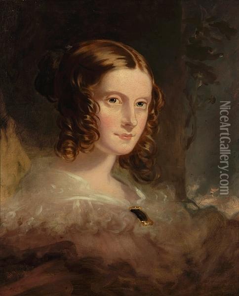 Portrait Of A Lady, Bust Length, Her Hair Dressed In A Pink Bandeau Oil Painting - John Hoppner