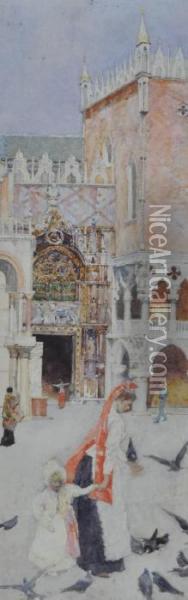 Scenes In St. Marks Square, 
Venice Oil Painting - David Woodlock