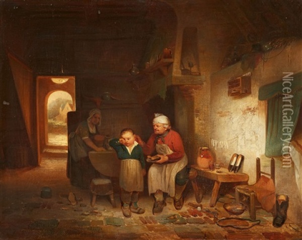 In Grandfather's Cobblers Shop Oil Painting - Willem Linnig the Elder