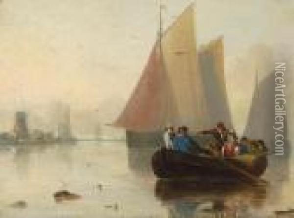 Norfolk River Scene With Figures In A Rowing Boat Oil Painting - Alfred Stannard