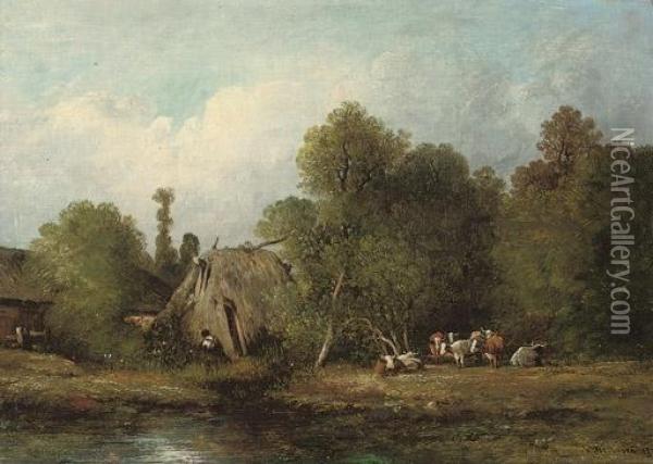 Cattle By A Farmstead Oil Painting - Leon Victor Dupre