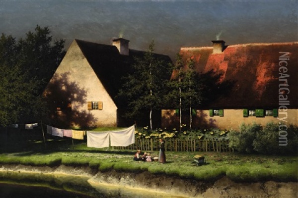 Kinder Auf Der Wiese Hinter Dem Haus Oil Painting - Paul Wilhelm Keller-Reutlingen