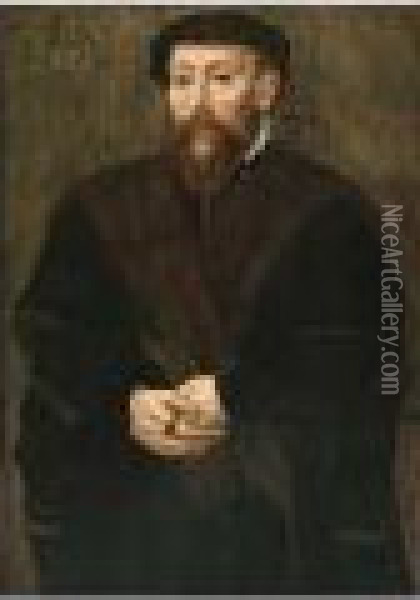 A Portrait Of A Bearded Man, Aged 46, Standing Three-quarter Length, Wearing A Fur-trimmed Black Coat And Holding Gloves Oil Painting - Katherine Van Hemessen
