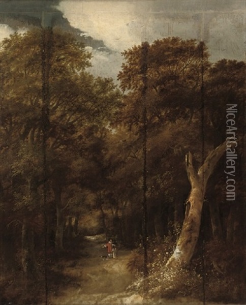 A Wooded Landscape With Figures And A Dog On A Track Oil Painting - Willem Romeyn