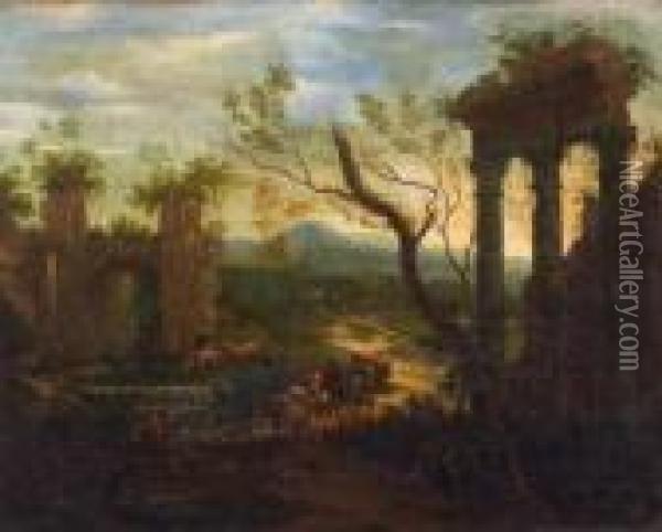 Landscape With Ruins And Travellers Oil Painting - Filippo D Angeli