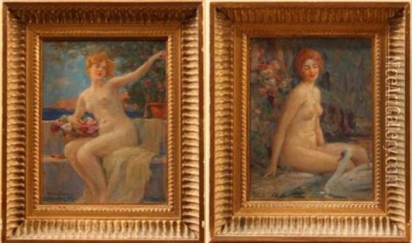 La Jeune Fille Aux Fleurs (+ La Baigneuse Au Cygne; Pair) Oil Painting - Georges-Auguste-Elie Lavergne