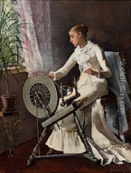 Girl By The Spinning Wheel Oil Painting - Amelie Lundahl