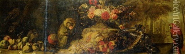 Fichi, Pere, Un'anguria E Altri Frutti, Con Una Scimmia Ed Un Pappagallo, In Un Giardino Oil Painting - David de Coninck