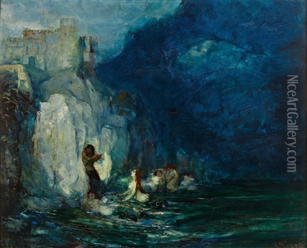 Faun Und Nymphen An Einer Steilkuste Mit Malerischer Burg Oil Painting - Giuseppe Rivaroli