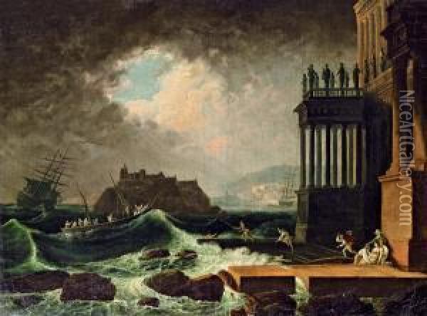 Schiffbruch Vor Kastell Und Ruinen Oil Painting - Leonardo Coccorant