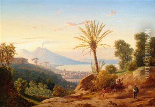 Blick Auf Neapel Und Den Vesuv Im Abendlicht Oil Painting - August Ferdinand Schiertz