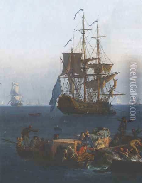 Vue du golfe de Bandol: la pêche au thon [detail #1] (View of the Gulf of Bandol: Fishing for Tuna) Oil Painting - Claude-joseph Vernet