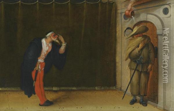 A Commedia Dell'arte Scene Depicting Pantalone And Brighella Oil Painting - Sebastien Vrancx