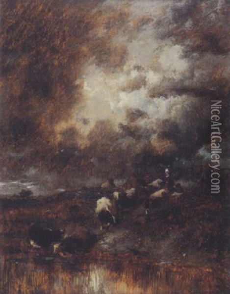 Landschaft Mit Kuhherde An Der Tranke Bei Aufziehendem Gewitter Oil Painting - Jules Dupre