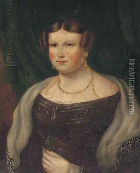 Portrait of a lady, bust-length, in a purple dress, holding a posy Oil Painting - English Provincial School