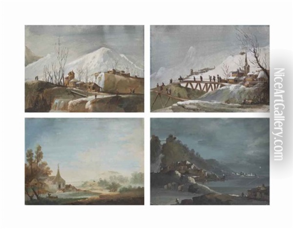Quatre Vues: Deux Paysages Enneiges, Un Nocturne Et Un Paysage Lacustre (4 Works) Oil Painting - Giuseppe Bernardino Bison