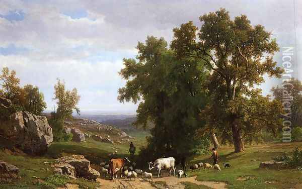 An Extensive Wooded Rocky Landscape with Shepherds and Flock, Cows and a Traveller on a Horseback Oil Painting - Eugene Verboeckhoven
