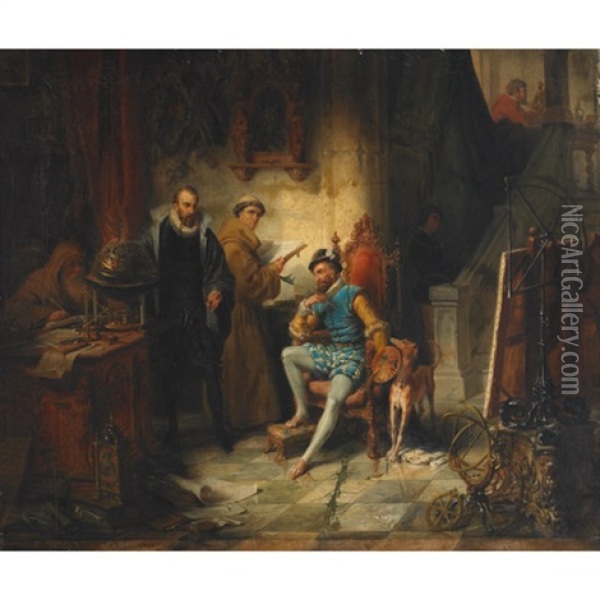Galileo Instructing The Artist Lodovico Cigoli Painting In A Scientific Laboratory Oil Painting - Edouard Ender