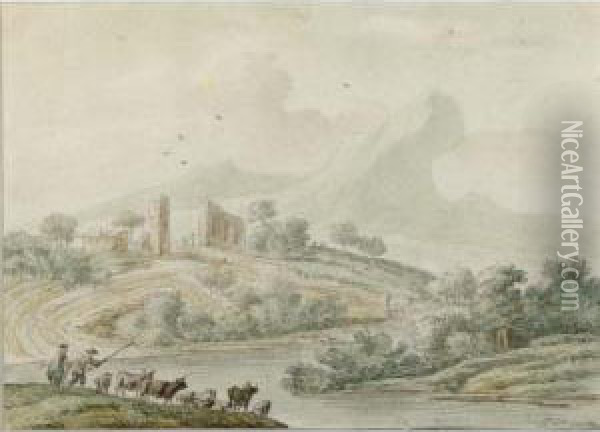 A Hilly River Landscape With Herdsmen And Their Cattle Oil Painting - Jan van der Meer