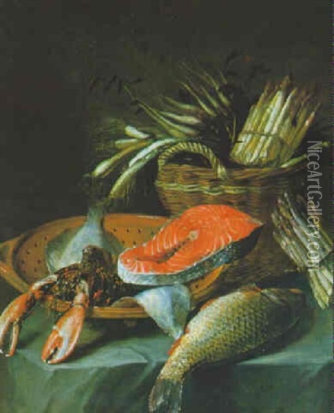 Stilleben Mit Spargel, Fischen Und Einer Lachsschnitte Oil Painting - Frans van Cuyck