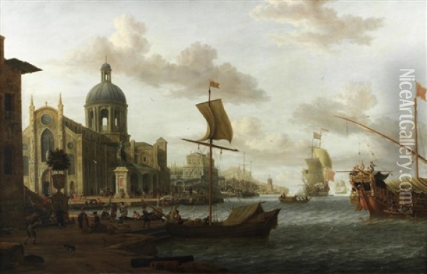 A Mediterranean Capriccio Harbour Scene Oil Painting - Jacobus Storck