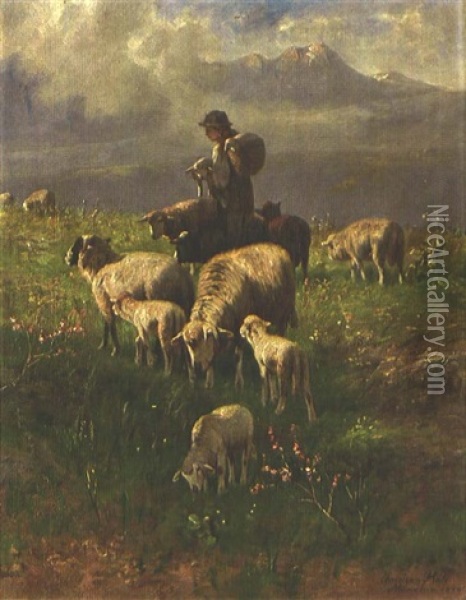 Hutemadchen Mit Schafen Auf Alpwiese Oil Painting - Christian Friedrich Mali