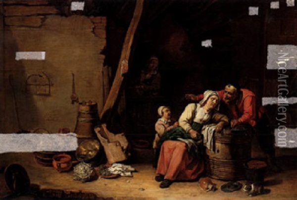 A Barn Interior With An Old Man And A Child Attending To An Old Lady Seated Near A Barrel, A Woman Beyond Oil Painting - Willem van Herp the Elder