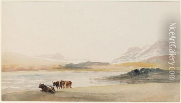 Cattle Beside A Lake, Mountains Beyond Oil Painting - Peter de Wint