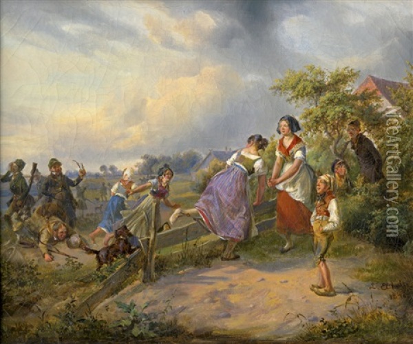 Die Verungluckte Jagd (dorfmadchen Bringen Sich Vor Einer Gruppe Sonntagsjager In Sicherheit) Oil Painting - Ludwig Elsholtz