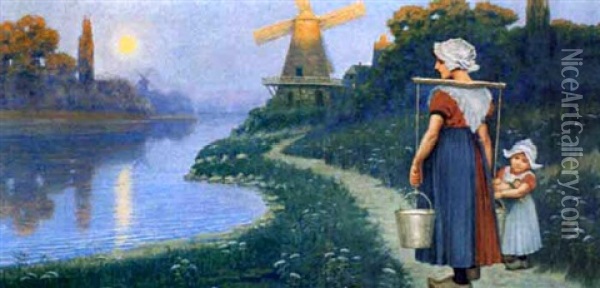 Milkmaid And Young Girl On A Dutch Canal Oil Painting - Robert Marshall Root