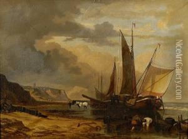 Coastal Scene With Fishing Vessel And Figures On The Shore Oil Painting - Miles Edmund Cotman