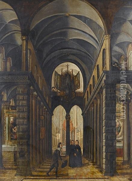 A Church Interior With An Elegant Gentleman Greeting Two Priests Oil Painting - Paul Juvenel