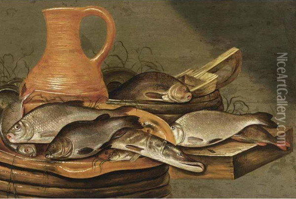 A Still Life With A Pike And Other Fish On A Strainer, With Anearthenware Jug, Fish And Other Kitchen Utensils, All On Woodenledge Oil Painting - Johannes Kuveenis I