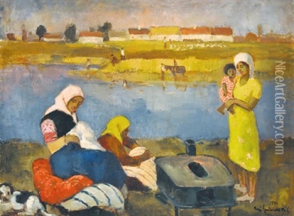 Riverbank Oil Painting - Bela Ivanyi Gruenwald