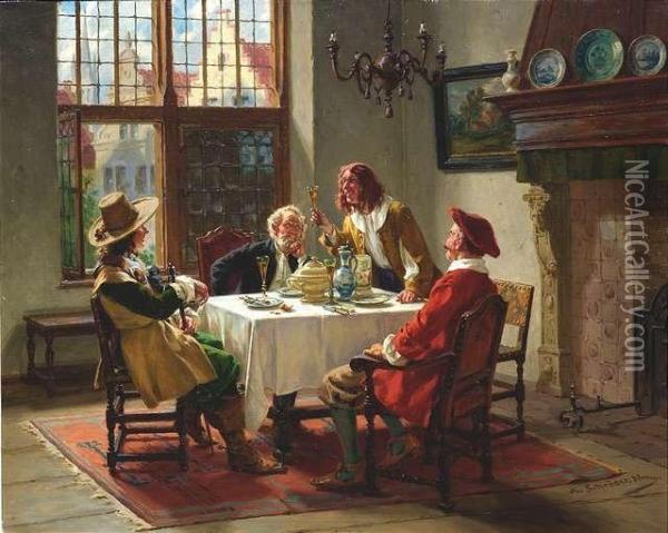 Dutch Dignitaries In An Interior At Table Oil Painting - Albert Friedrich Schroder