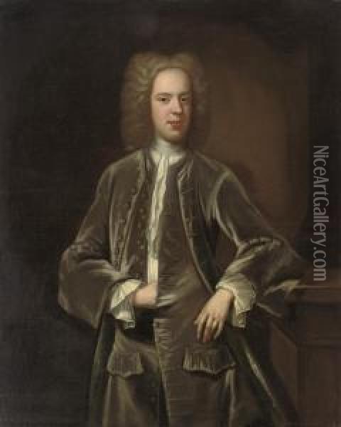 Portrait Of Mr Barton, Son Of 
Dr. Samuel Barton, Three-quarter-length, In A Grey Velvet Suit, Leaning 
On A Plinth Oil Painting - Enoch Seeman