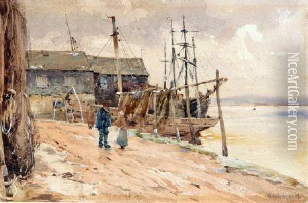 Figures By A Quayside Oil Painting - Claude Hayes