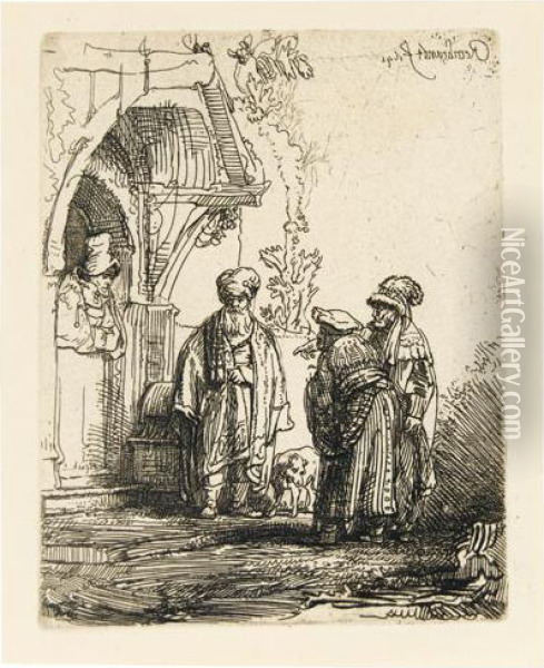 Three Oriental Figures (jacob And Laban ?). Oil Painting - Rembrandt Van Rijn