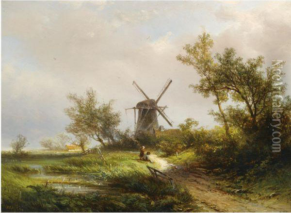Figures Resting Near A Mill Oil Painting - Pieter Lodewijk Francisco Kluyver