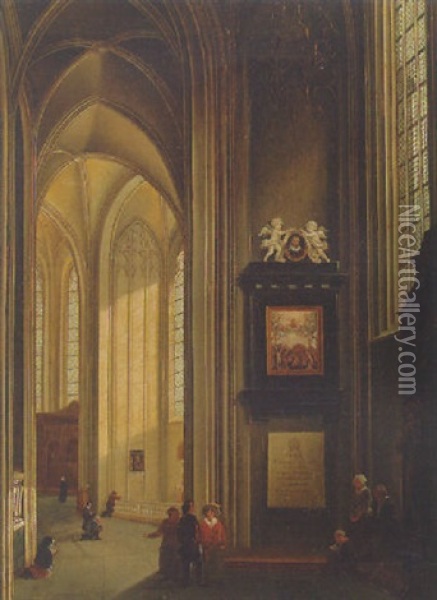Figures In A Cathedral Interior Oil Painting - Josephus Christianus Nicolie